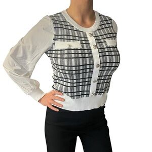 Women’s White Long Sleeve Blouse with Built-In Checkered Vest Size S